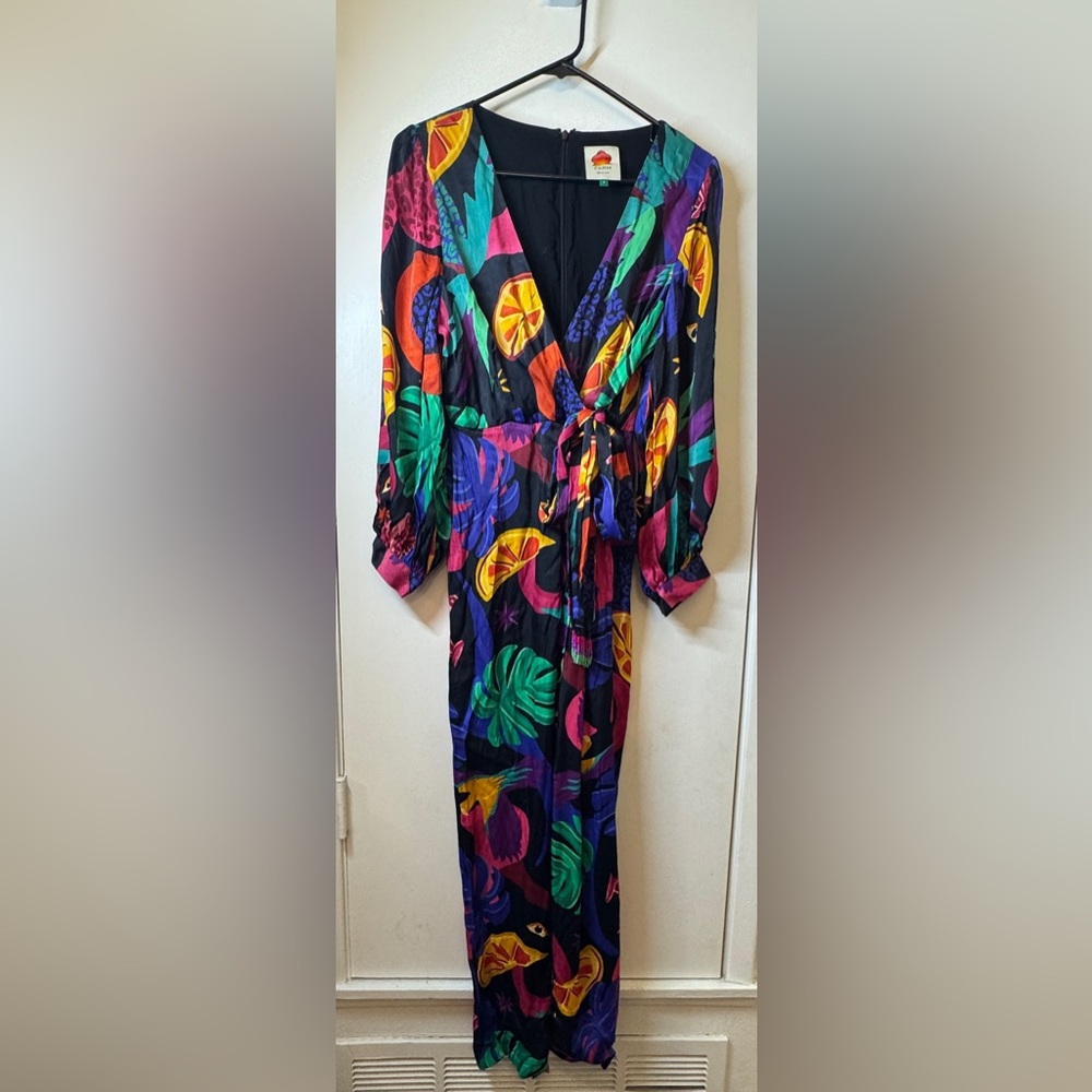 Farm Rio Mystic Jungle Fruit Tropical Boho Faux Wrap Black Jumpsuit Size Small - Picture 4 of 17